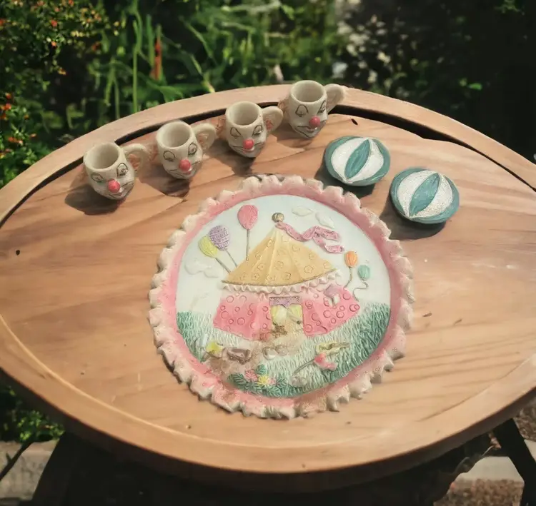 Vintage Miniature Collectible Tea Set Circus Themed 7 Piece