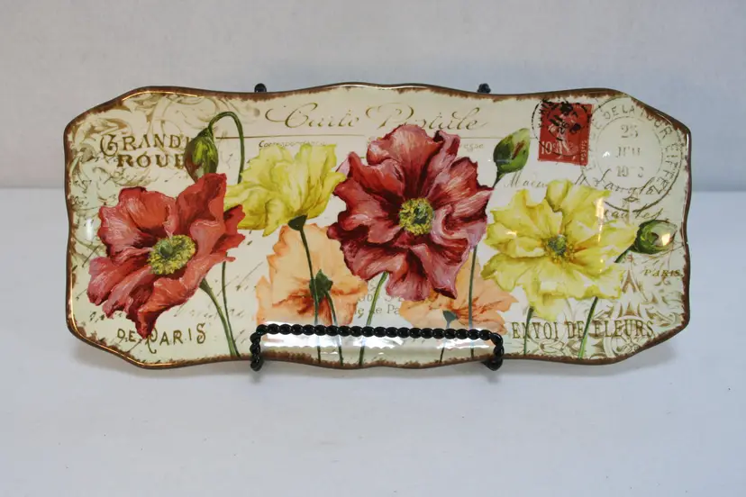 Pier 1 Imports Earthenware Le Fleur Red Yellow Poppies Rectangle Serve Platter