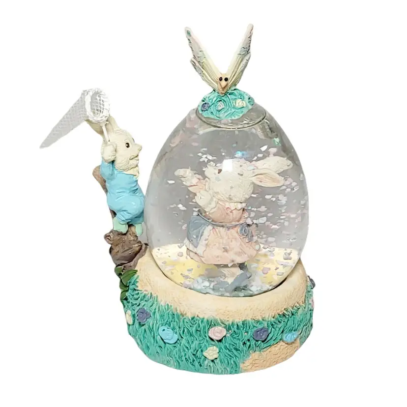 Vintage Bunnies Rabbits Butterfly Snow globe Easter Egg Shape