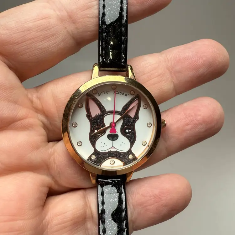 Betsey Johnson French Bulldog Frenchie Watch Gold Tone New Battery Works Black