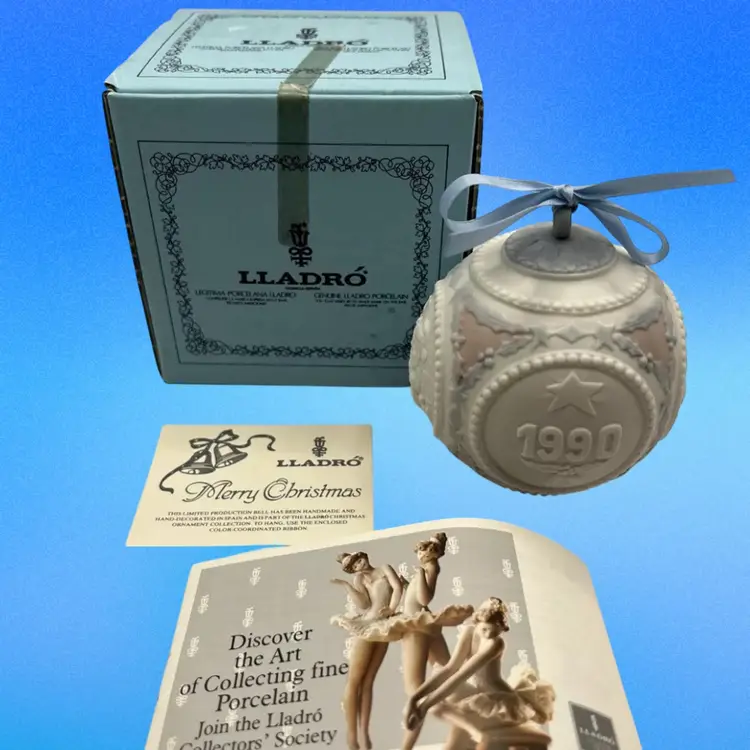 Vintage Lladro Christmas Ornament Ball 1990 with Box Handmade and Hand Decorated