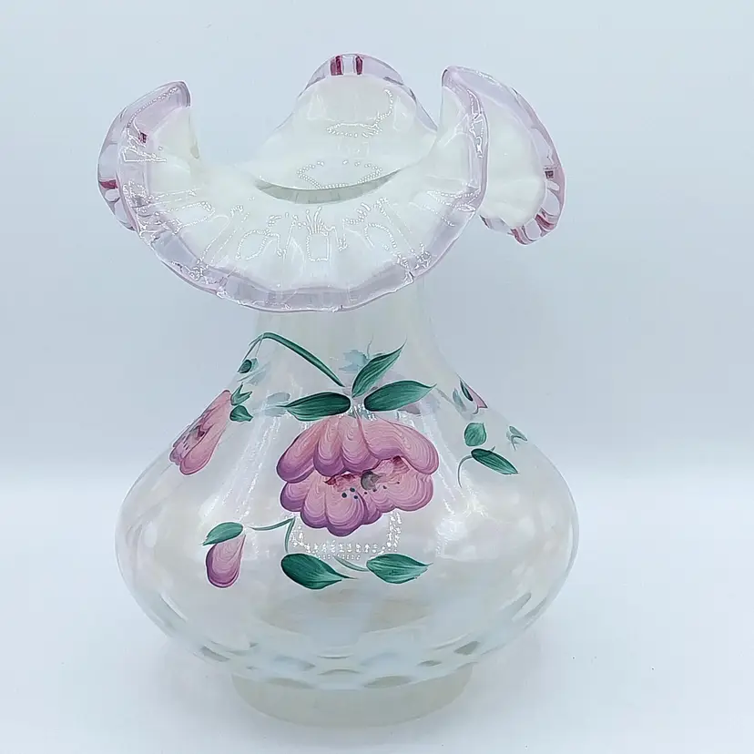 RARE Fenton Hand Painted & Signed, 1996 TRELLIS DUSTY ROSE OVERLAY, FRENCH OAPLESCENT VASE