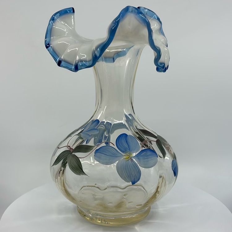 Fenton Blue Floral Opalescent Ruffled Aqua Crest Vase Signed 8”