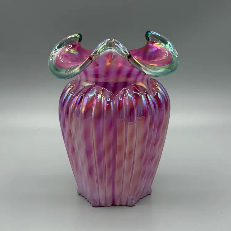 Fenton Glass Iridescent Cranberry Opalescent Swirl Teal Crest Triple Lobbed Ribbed Vase