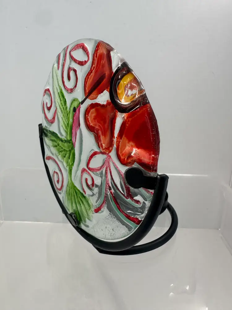 Hummingbird Glass Tea Light Reverise Painted Metal Holder 5" Round
