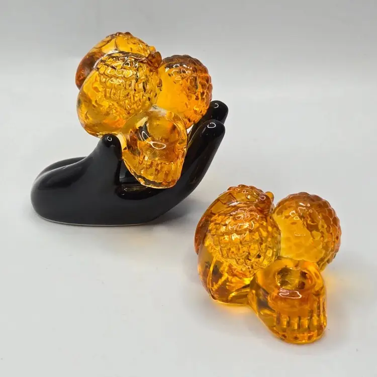 Williams Sonoma S/2 Amber Glass Acorn Mini Taper Candle Holders • Fall Autumnal