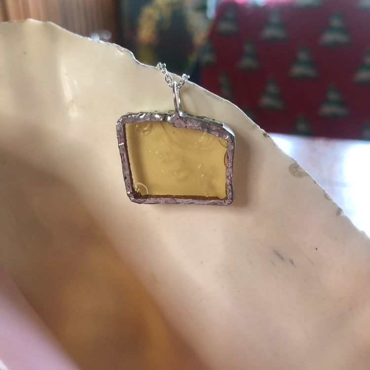 Oodelally Shop Artisan Made Pendant Yellow Depression Glass Plate Handcrafted Necklace 1 in x 7/8 in