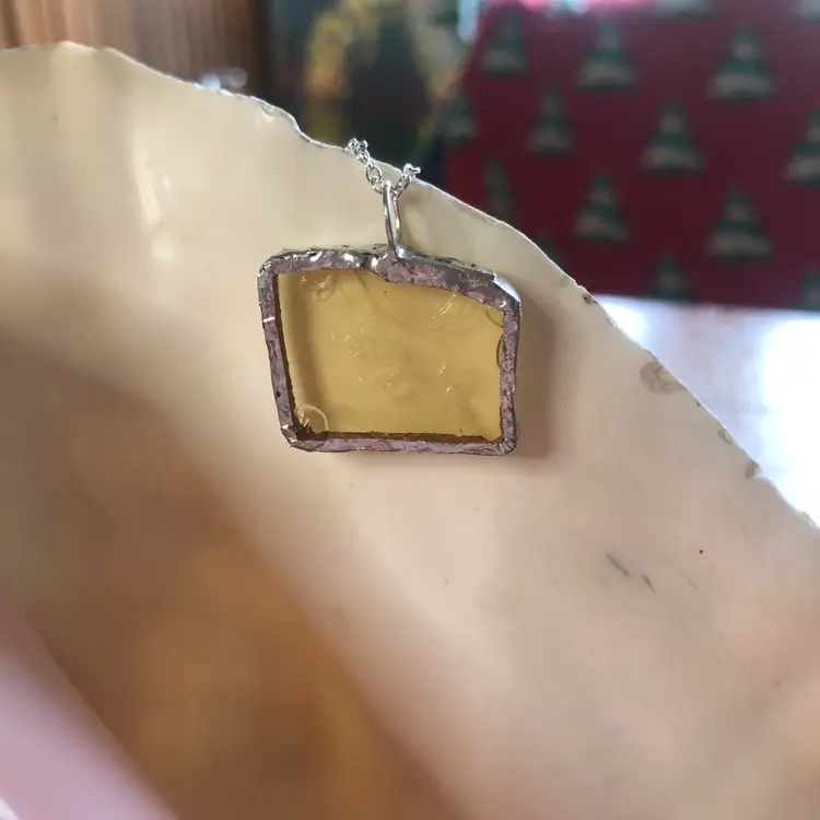 Oodelally Shop Artisan Made Pendant Yellow Depression Glass Plate Handcrafted Necklace 1 in x 7/8 in