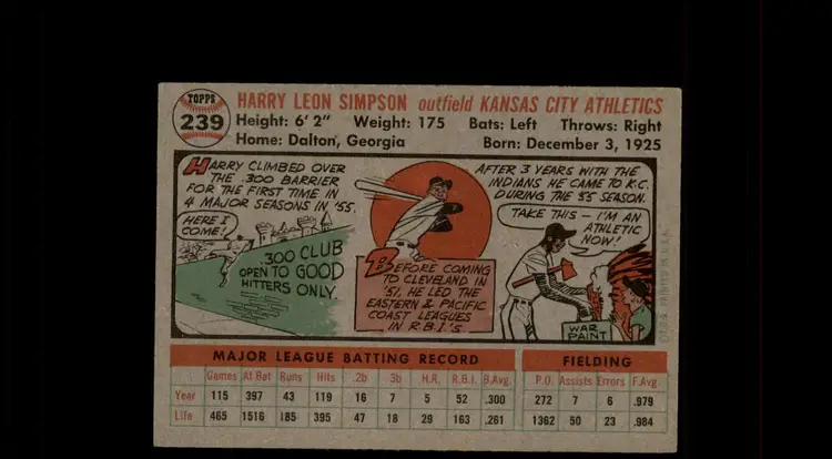 1956 Topps #239 Harry Simpson - (pk-tl2) - Kansas City Athletics