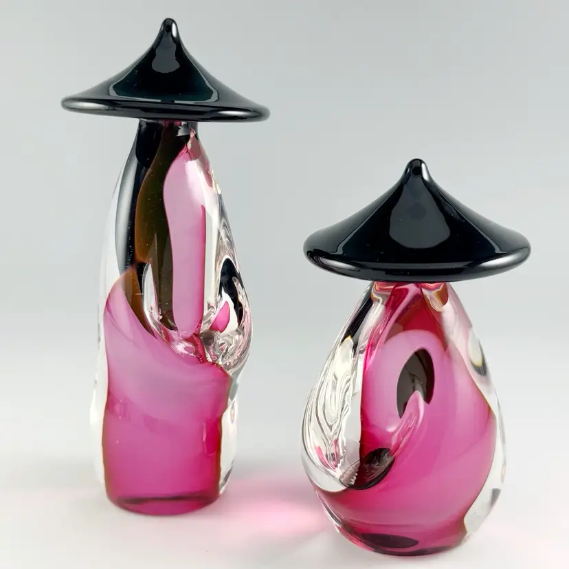 2 Luigi Onesto for Oggetti, Hand-Blown Murano Glass Chinese Figurines with Coolie Hats, Made in Italy - FREE USA SHIPPING