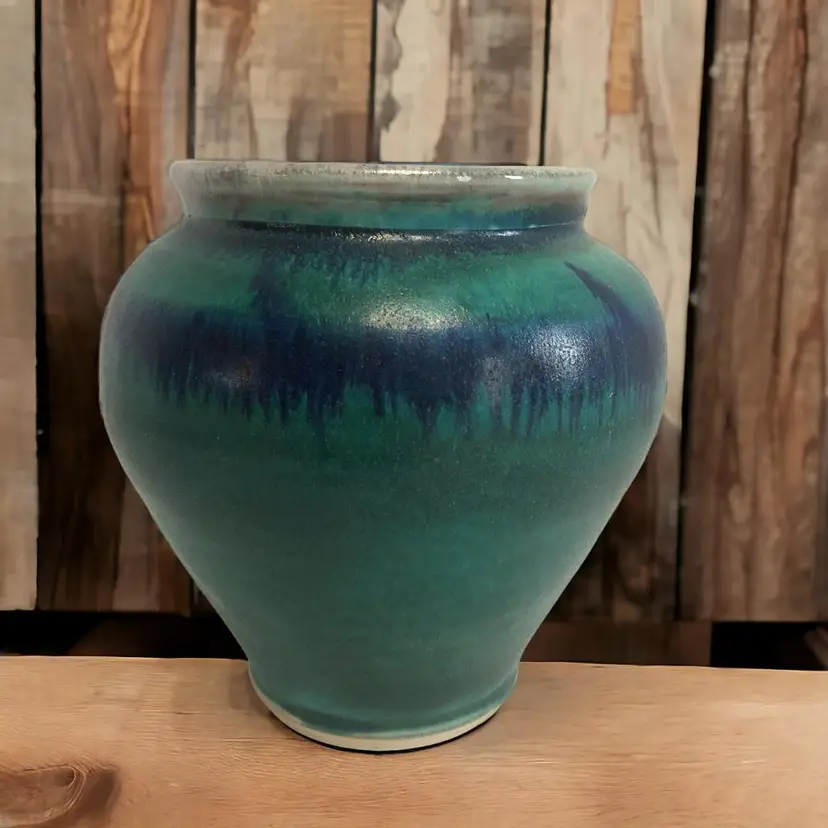 Artisan Pottery Vase by Kent Child (Sally Street Studios) Teal Wood Fired Signed 6" tall