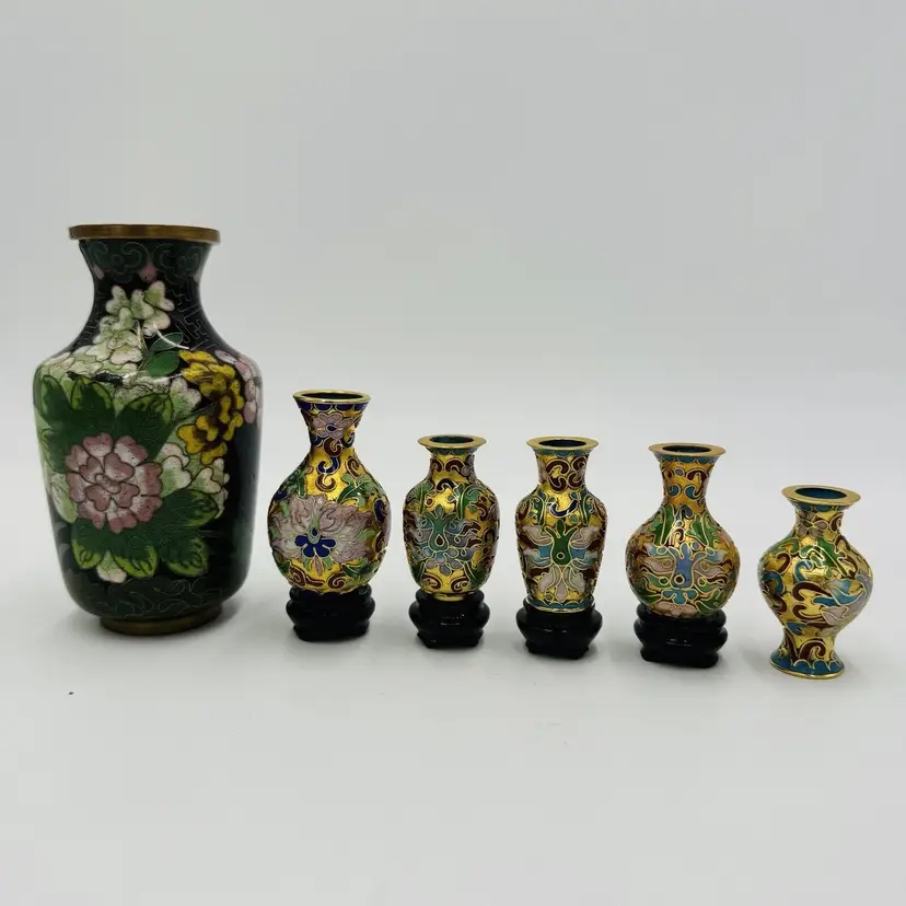 Vintage Cloisonné Enamel Mini Vases Set 6 Pieces Floral 