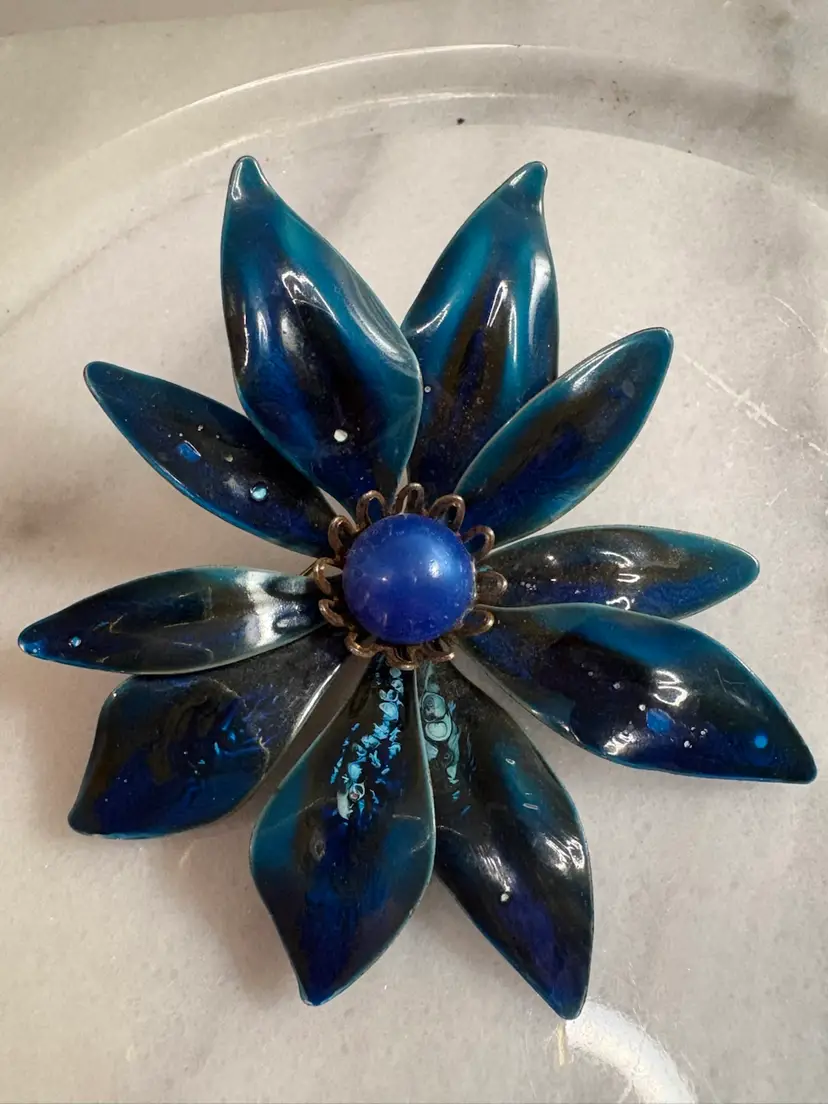 Mid Century Vintage Enamel Blue Flower Pin Brooch