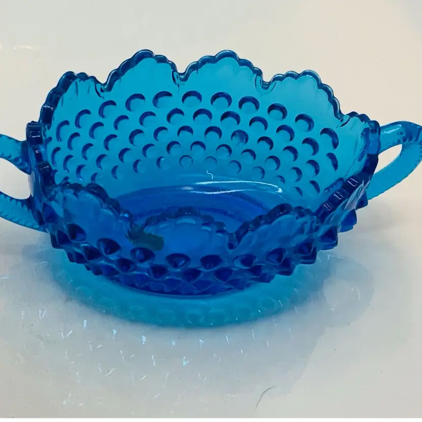 #17 - Fenton With Fenton Sticker Bluenique Hobnail Trinket Dish 7”