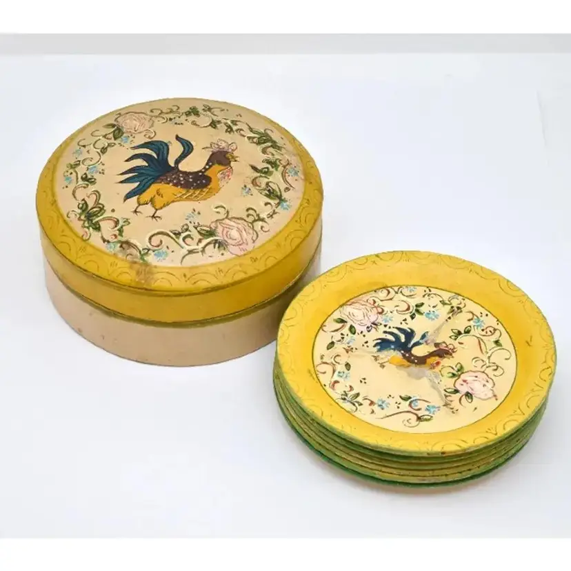 Vintage Hand Painted Paper Mache Coasters with Box, Roosters, Japan, 1940s(?)
