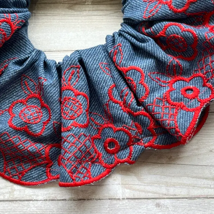 6 Piece Wholesale Lot Denim With Red Floral Embroidered XL Fancy Lace Scrunchie