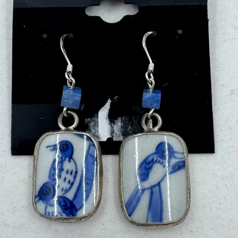Handcrafted blue and white porcelain bird motif earrings with silver Hooks
