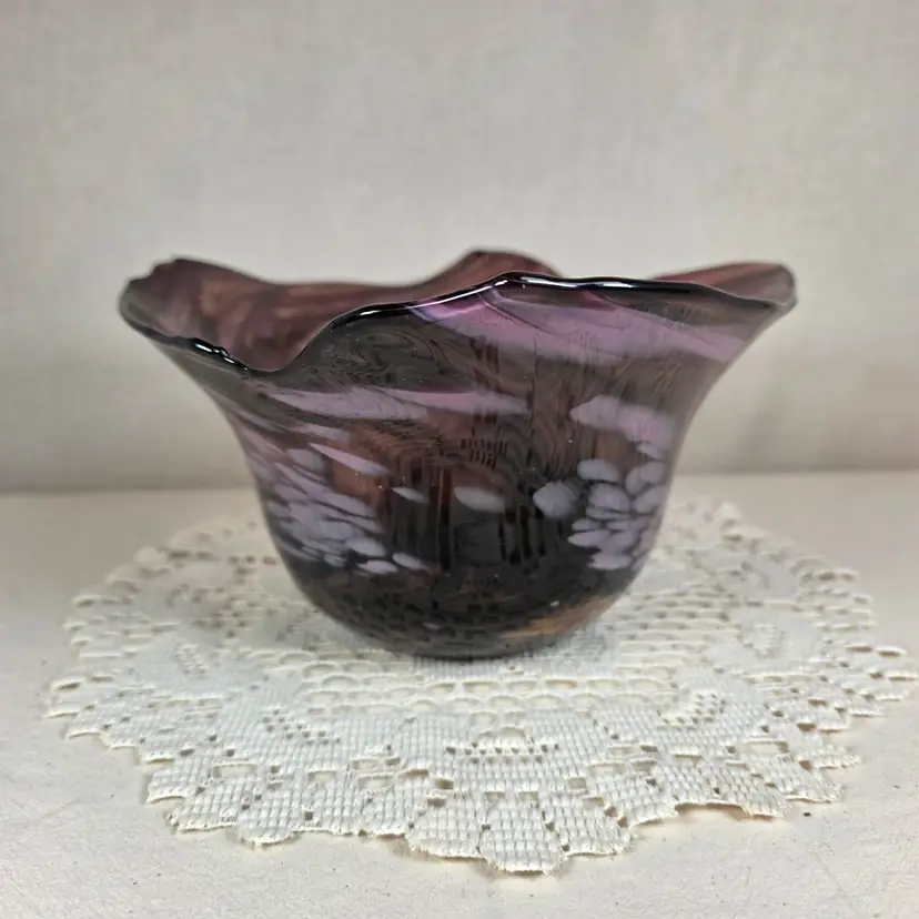 Signed P. Yockey Studio Art Glass Bowl Amethyst Purple Pink Freeform Hand Blown 10"
