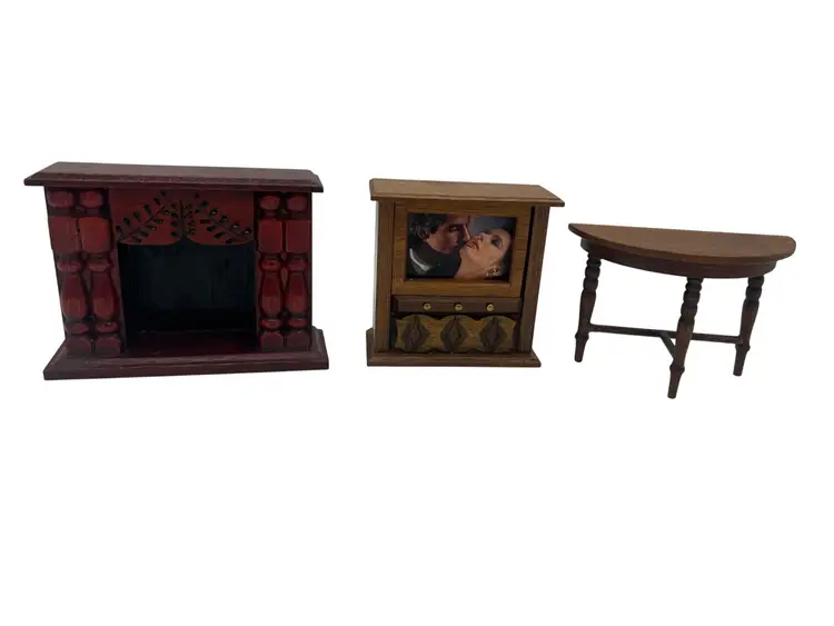 J.B. Miniatures 1:12 Wood TV, Fireplace & DemiLune Table Set Dollhouse Furniture