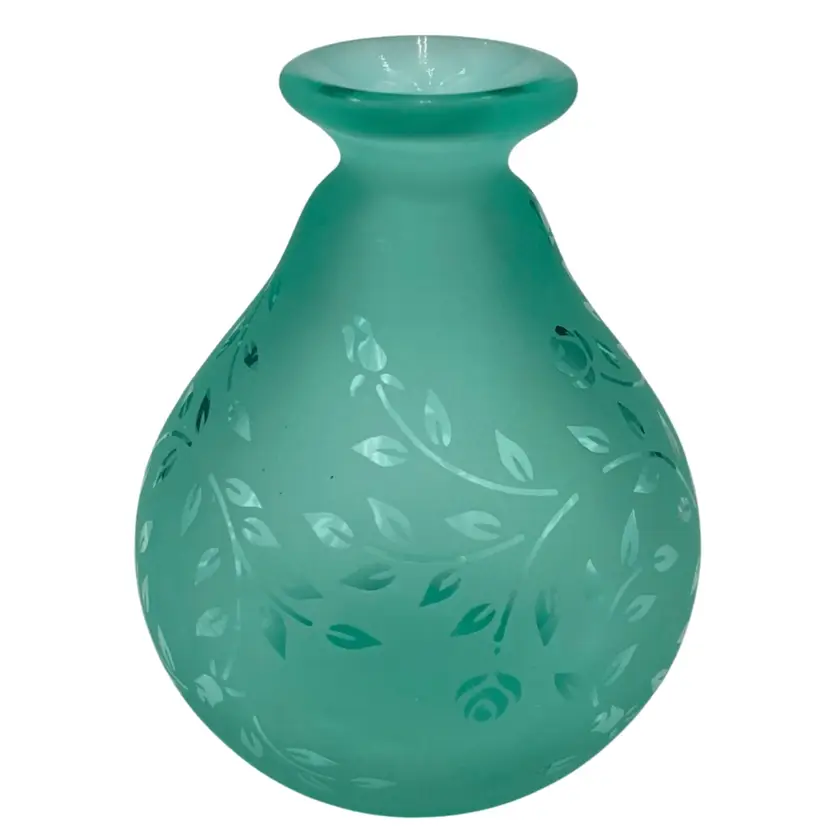 Vintage Frosted Soft Mint Green Glass Perfume/Mini-Vase, Etched Stemmed Roses