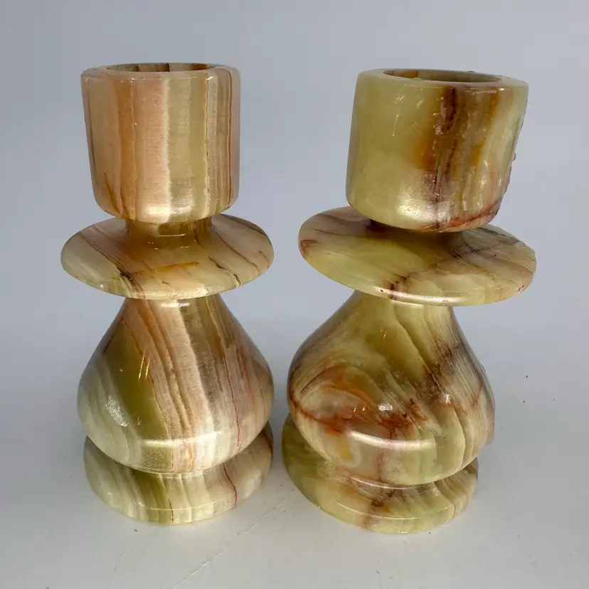 Vintage Pair Onyx Marble Stone Candle Holders