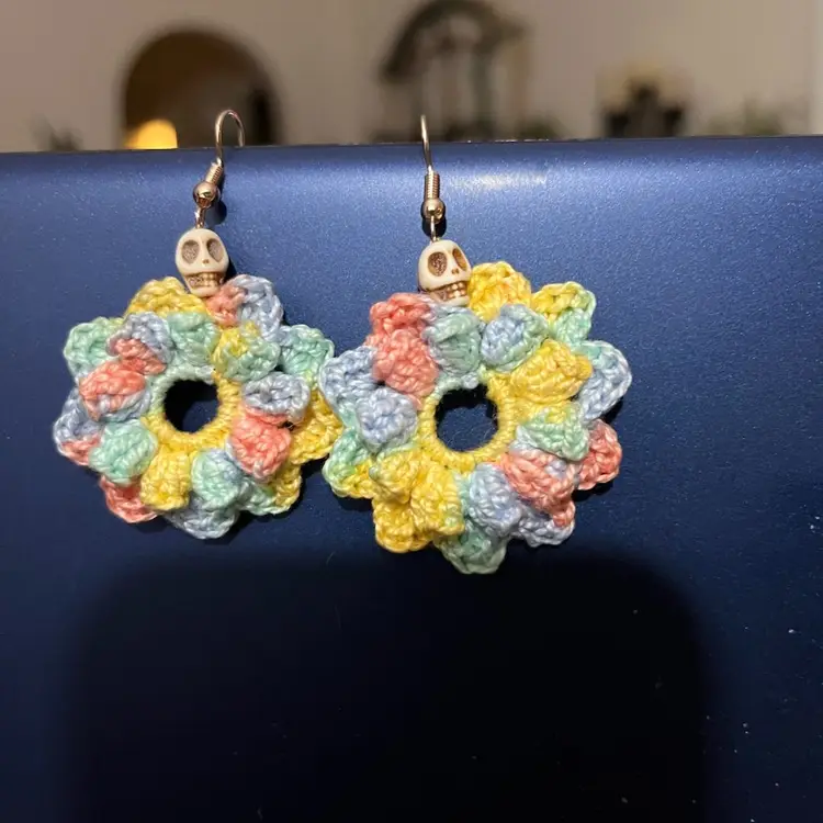 Made By Me Micro Crochet Earrings With Howlite Skull Bead At Top.