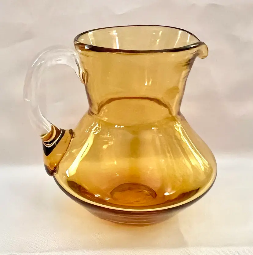 Pilgrim (?) Art Glass Handblown Amber Yellow Pitcher Creamer Clear Handle