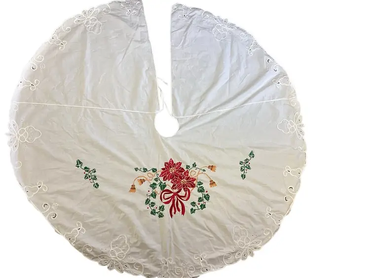 Vintage White Hand Embroidered Hand Made Poinsettia & Holly Christmas Tree Skirt