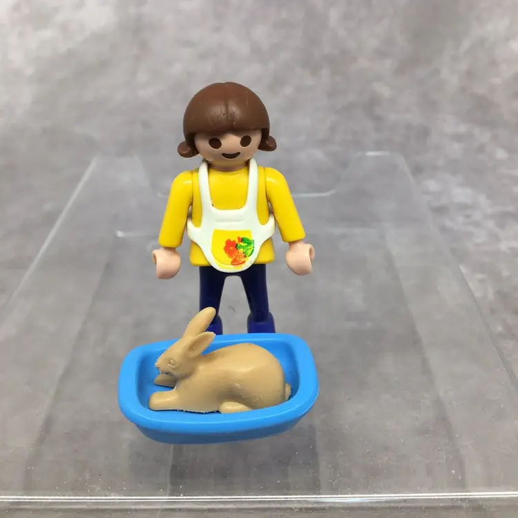 Playmobil Child w/ Bunny Rabbit in Basket-Flowers were painted on her apron