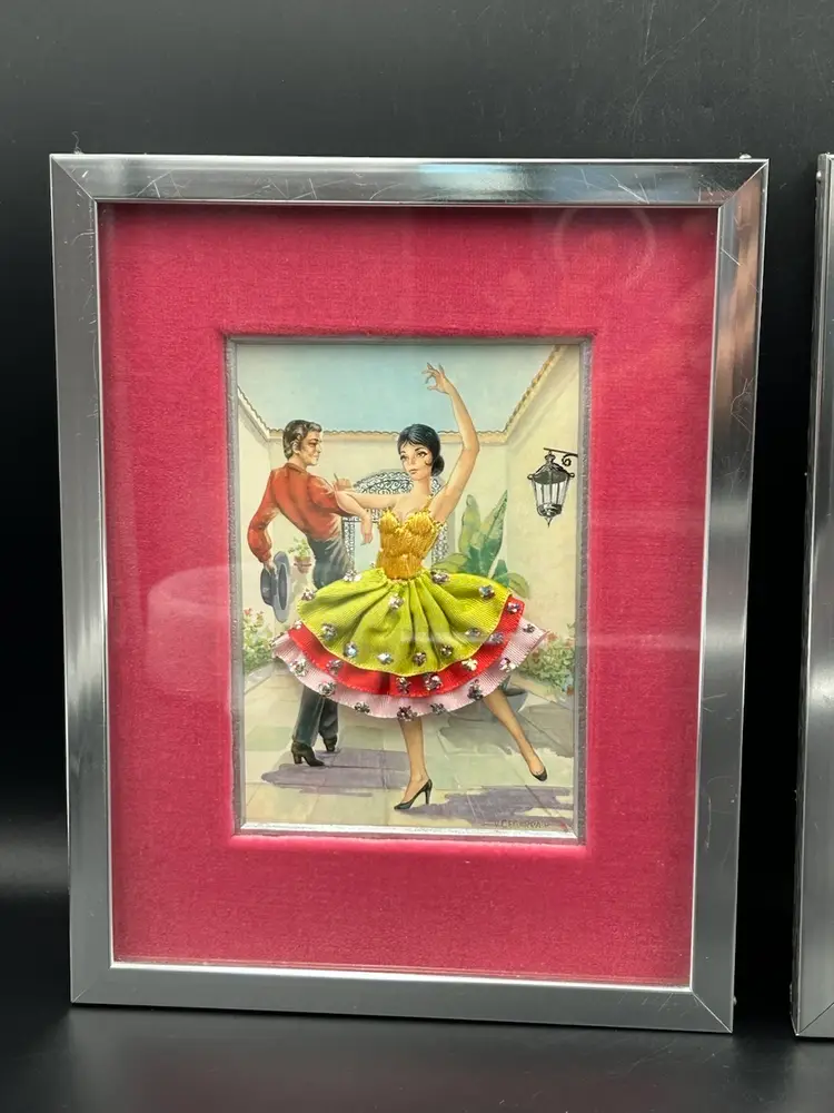 2 Vintage Framed With Pink Velvet Mat, Spanish Dancer, Postcards, 3-D, Cloth And Needle Point