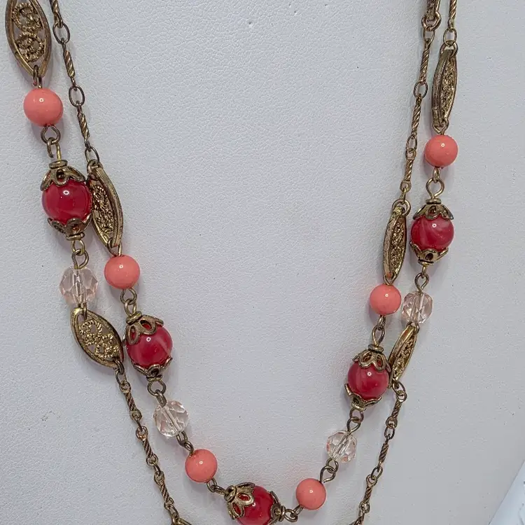#01 Vintage Double Strand 16"Gold Tone Necklace with Orange and Coral Colored Glass Beads