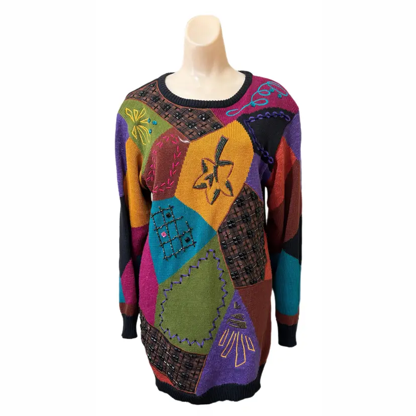 IB Diffusion XS Geometric Oversize Sweater Vintage Beaded Should Pads Hip Hop 1992