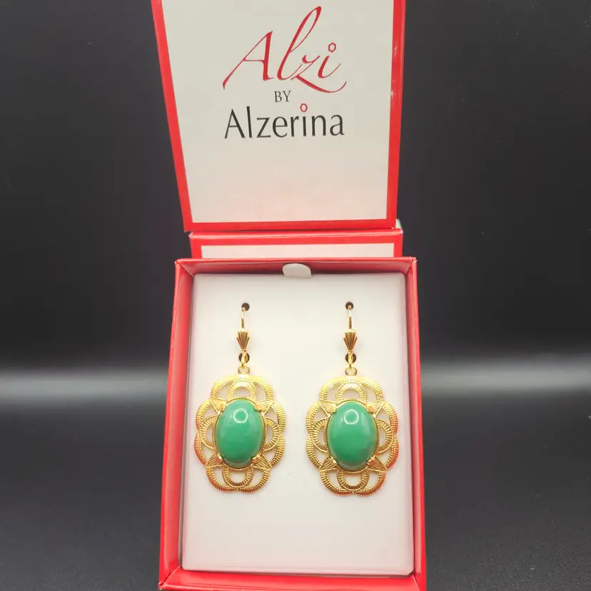Alzi by Alzerina Magnolia Earrings 24kt Gold Plated Green NOS