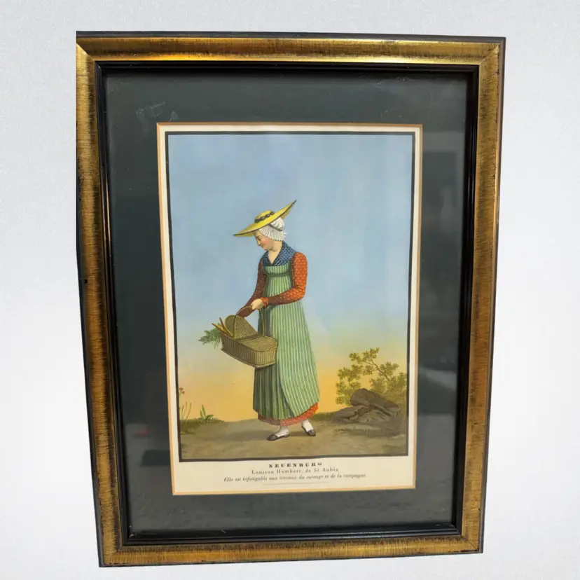 A colored print of a Swiss woman from Neuenburg in traditional attire. 9”x12”