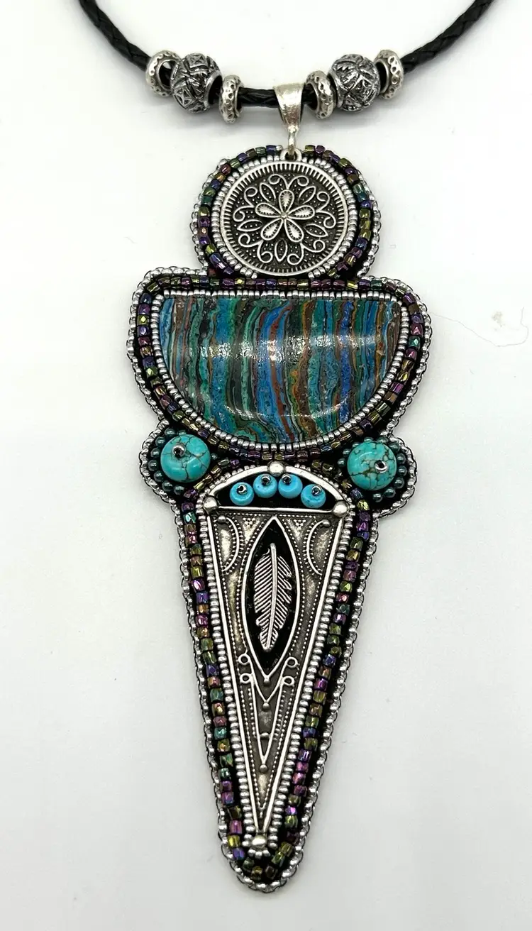 Hand Made Bead Embroidered Calsilica And Turquoise Necklace Leather Cord