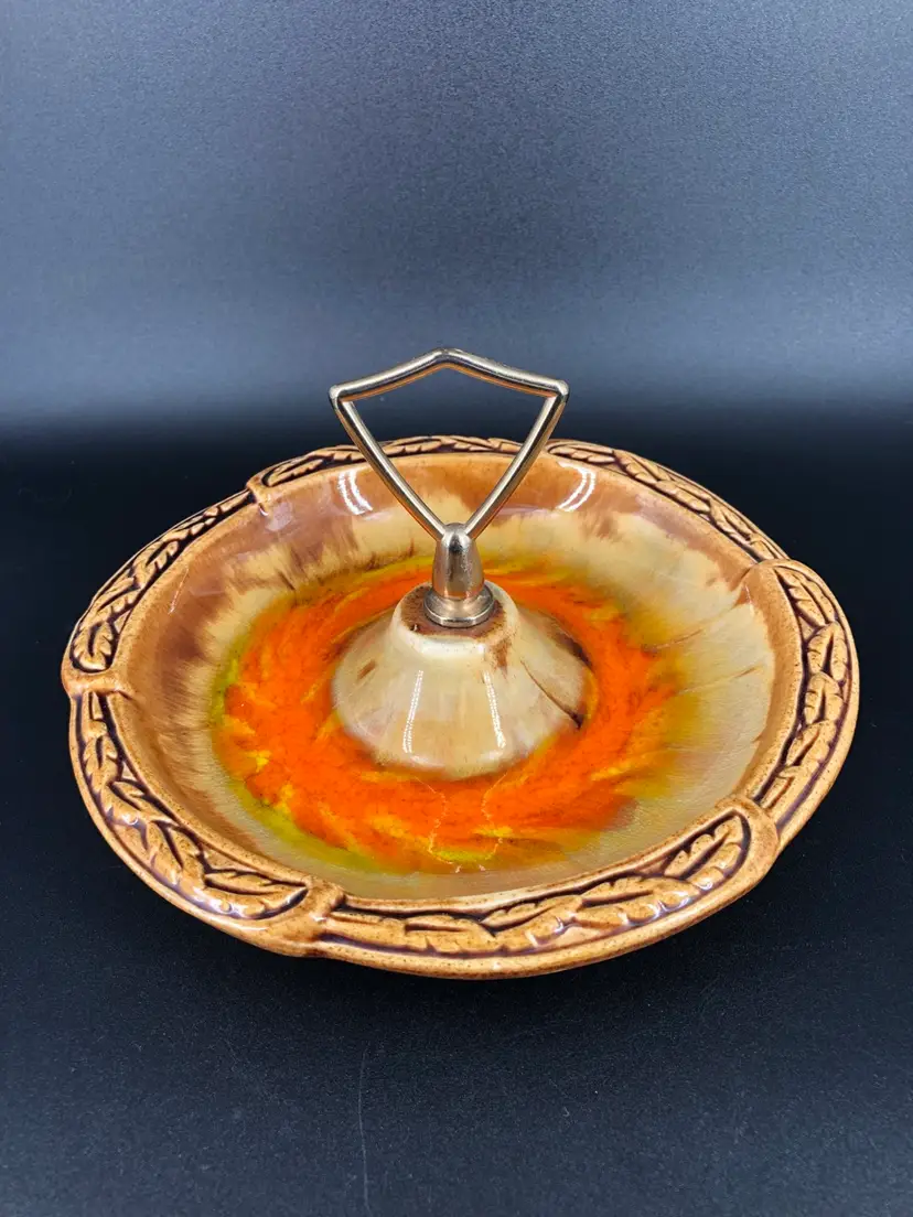 Vintage Mid-Century Modern Cali Style Glazed Candy Dish Orange Brown w/ Handle