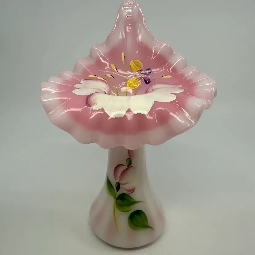 Rosalene Pink Fenton Glass Jack in the Pulpit Vase With Florals & Butterfly Signed