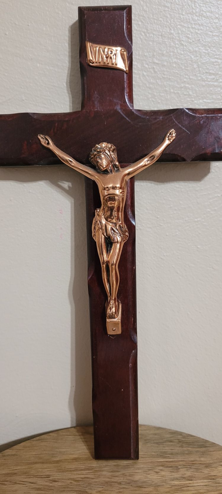 Dark Cherry Wood & Brass Crucifix 13"