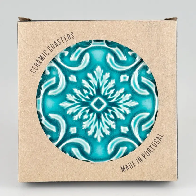 NEW 2 Companhia Atlantica Portugal Ceramic Drink Coasters Teal Blue Green Boxed