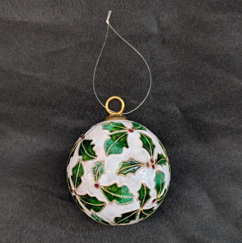 Vintage Cloisonne Holly and Berries Ornament White Background Gold Tone