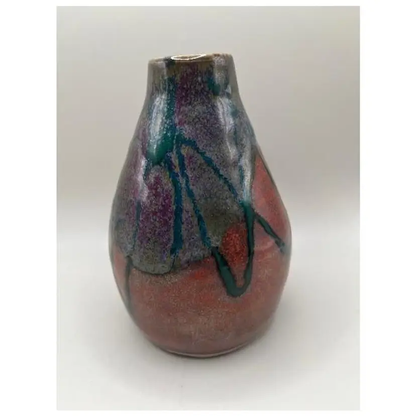 #01 Signed Vintage Drip Glaze Pottery Vase ~ Multicolor Abstract Design ~ 5.5 inches tall