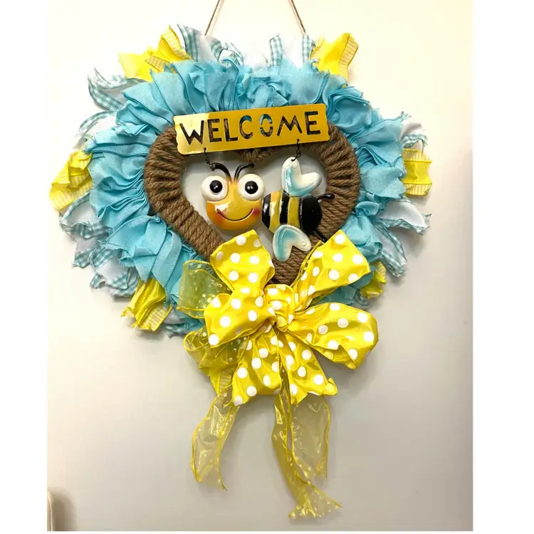 BIN - Heart Shaped Blue And Yellow “Welcome” Door Wreath With Bee And Bow