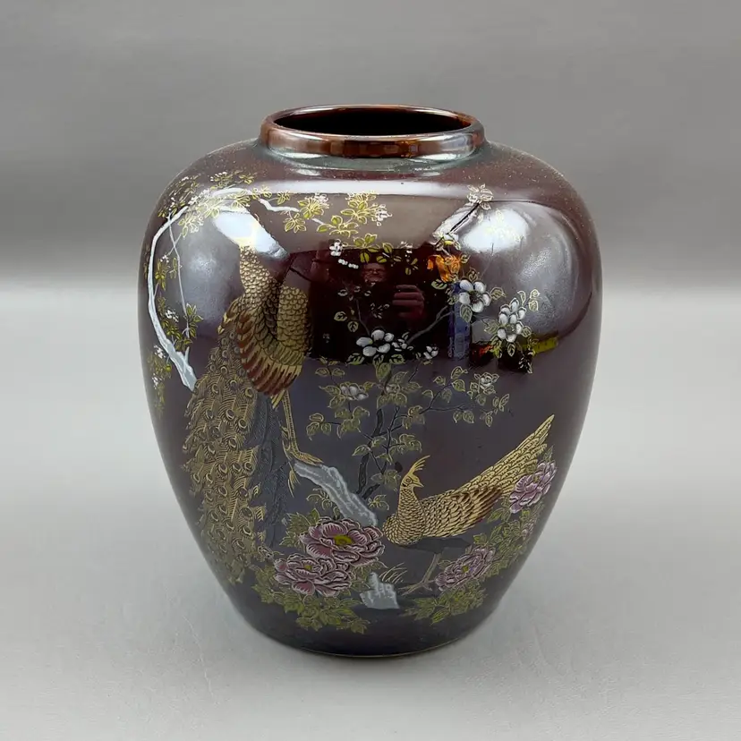 Vintage Japanese Peacock Floral Vase 5.75" Made In Japan Ceramic