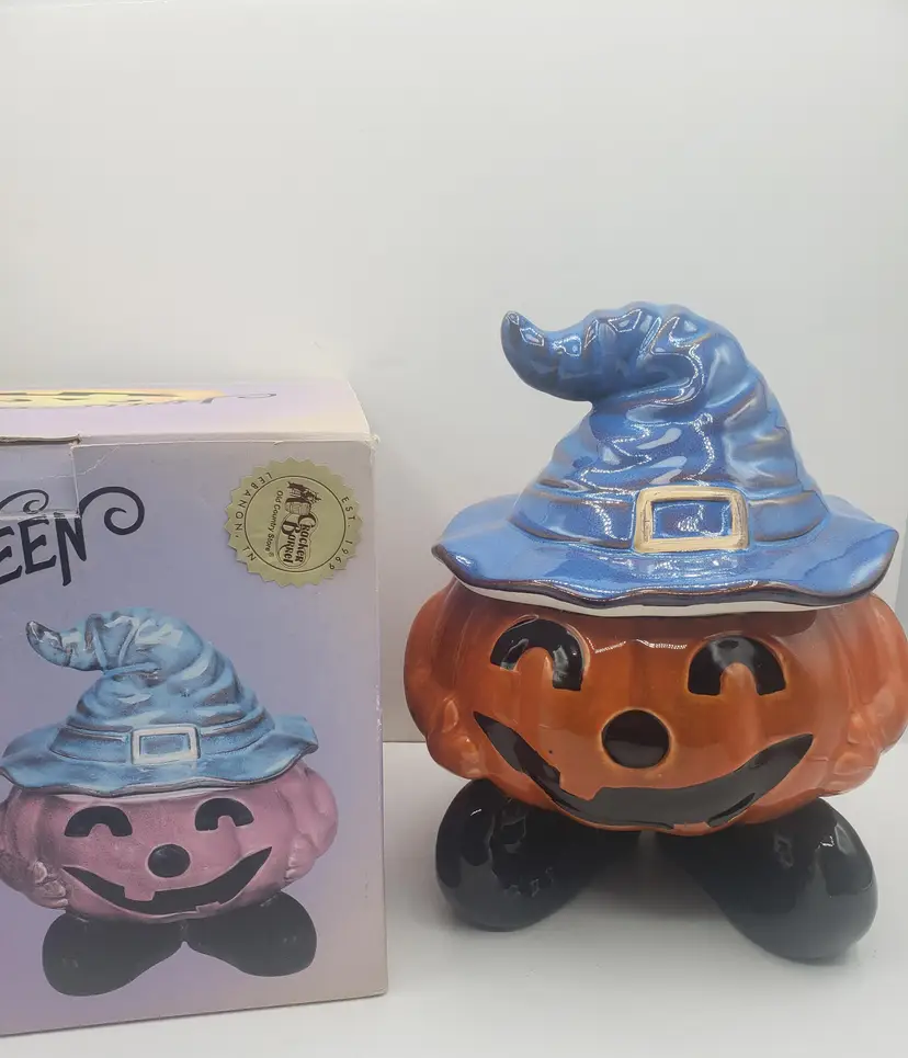 Vintage Porcelain Halloween  Pumpkin Candy Bowl Covered Dish Unused Heavy 9.5"H. Adorable pumpkin with a hat on!
