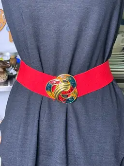 Vintage Day-Lor Womens Red Swirl Enamel Belt Stretch Elastic OSFM Retro EUC