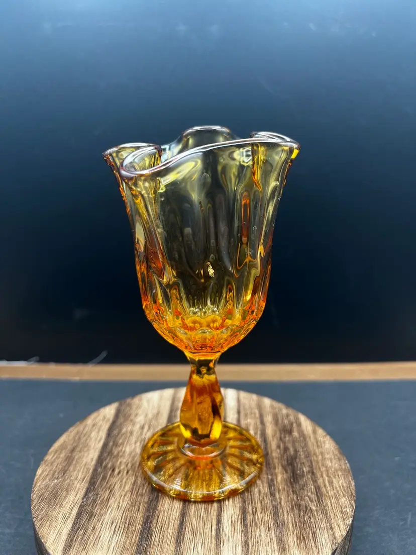 #891B MCM Vintage Fenton Vase Colonial Amber Thumbprint Handkerchief Swung Vase - Glows