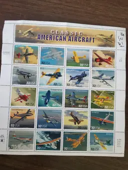 Classic American Aircraft 1996 Collector's 32¢ Stamp Sheet Set of 20 Stamps