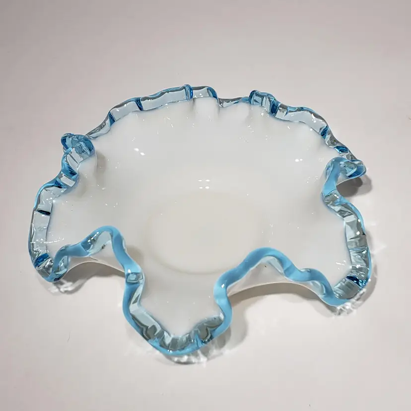 Fenton Aqua Crest Crimped Rim Milk Glass Bowl 6x2" Blue White Candy Dish