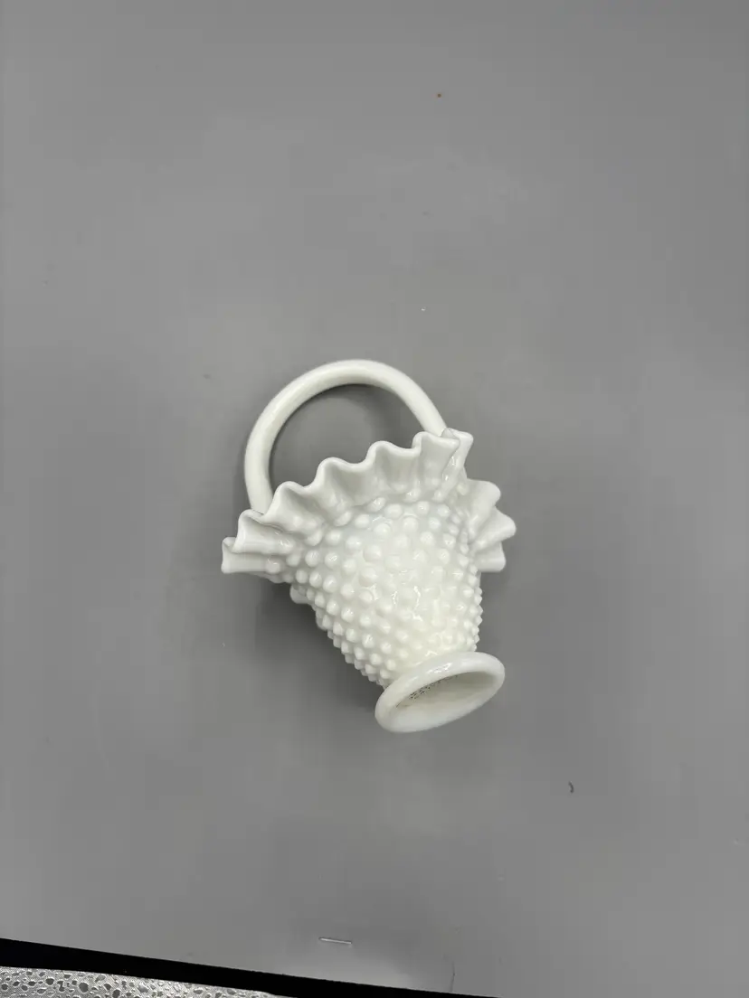 White Fenton hobnail basket with ruffled rim