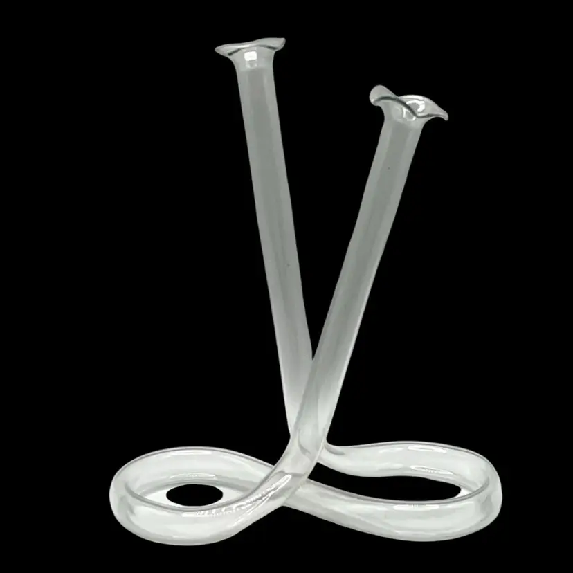 Hand Blown Infinity Tube Clear Glass Double Bud Vase Ruffled Edges Midcentury Modern Style 6.5 in Height